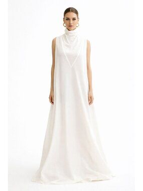 Sleeveless White High-Neck Long Minimalist Modern Cotton Dress By Ursime Flowy